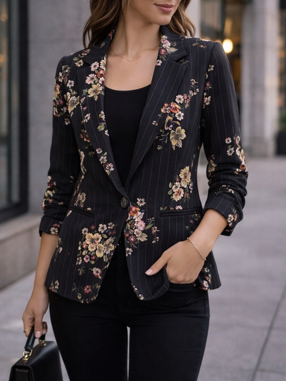 XOXO Floral Pinstripe Blazer Ruched Sleeve Size M NWT